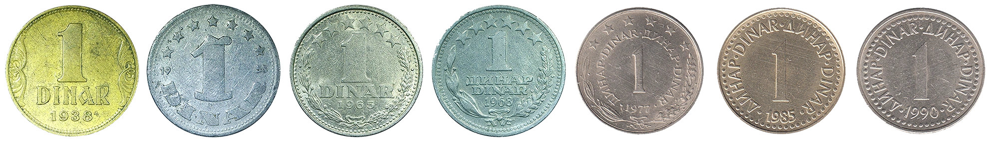 Sette monete da 1 dinar, dal 1938 al 1990