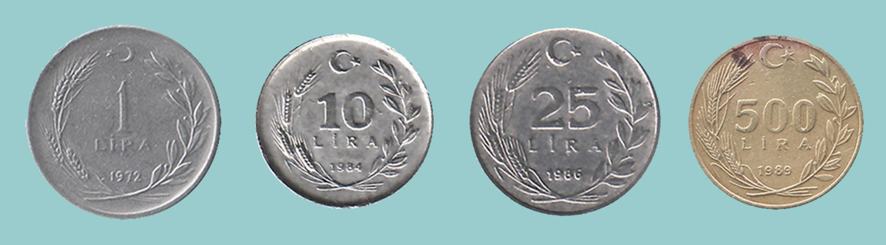 Turchia 1 Lira 1972 - 10 Lira 1984 - 25 Lira 1986 - 500 Lira 1989