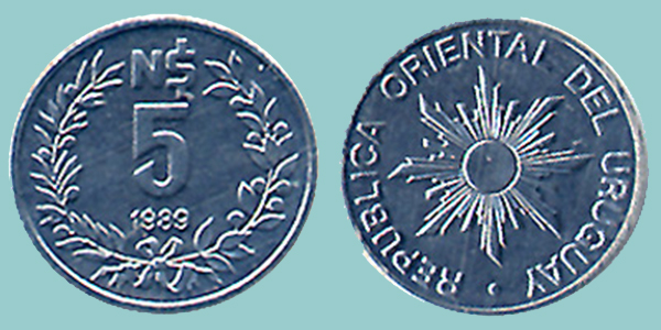 Uruguay 5 Nuevos Pesos 1989