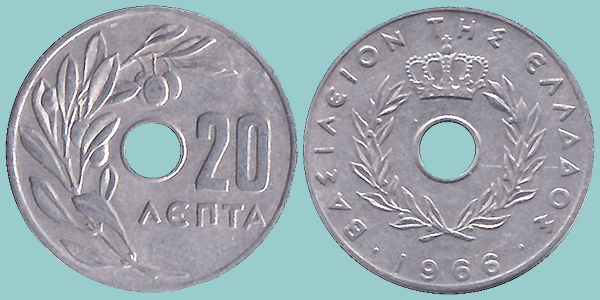 Grecia 20 Lepta 1966